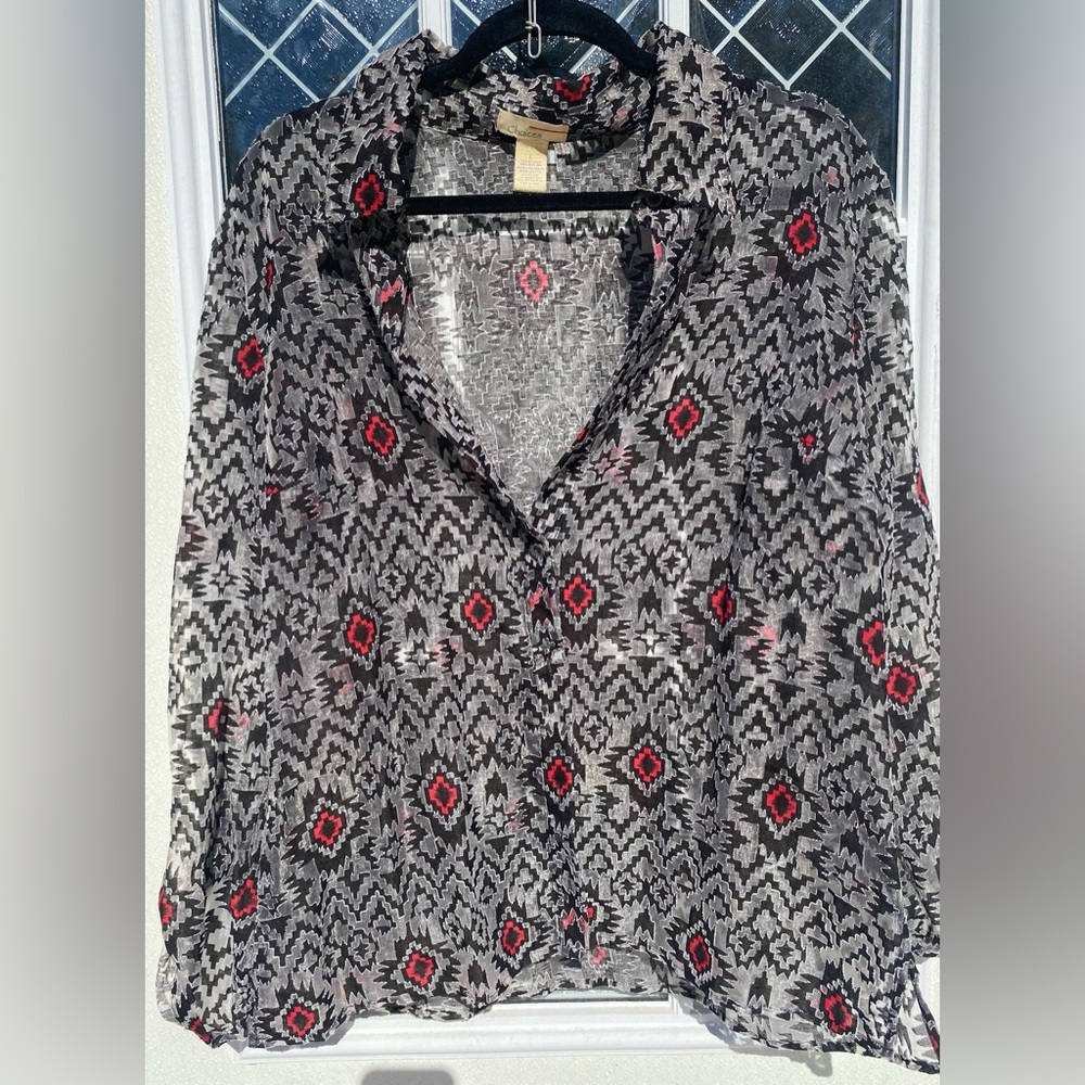 Choices see through Aztec black button up